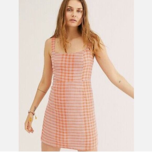 Free People Dresses & Skirts - Free People Women’s M Gingham Plaid Mini Dress Pink Orange Dopamine Coquette New